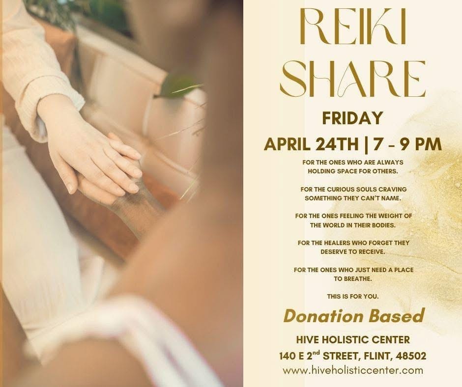 Reiki Share flyer — a donation-based healing circle at the Hive